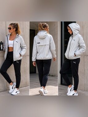 PUMA Lightweight Hooded Windbreaker Jacket Gray XL Athletic Running Training